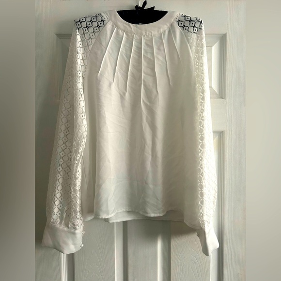 EMERY ROSE Lace Raglan Long Sleeve Blouse, pleated front, button detail, LG - Picture 3 of 8